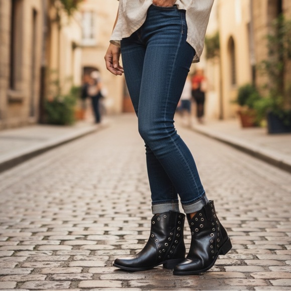 Frye Diana Grommet Cognac Leather Studded Short Moto Pull On Western Ankle Boots - Picture 6 of 16